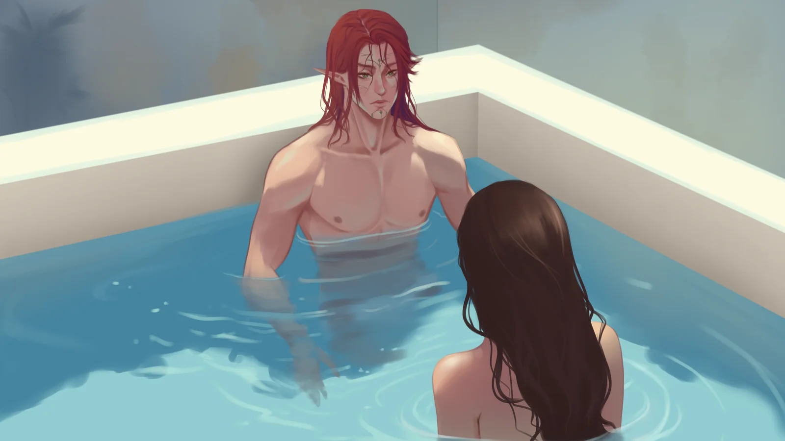 Evennar and Kiara — a tender bath scene