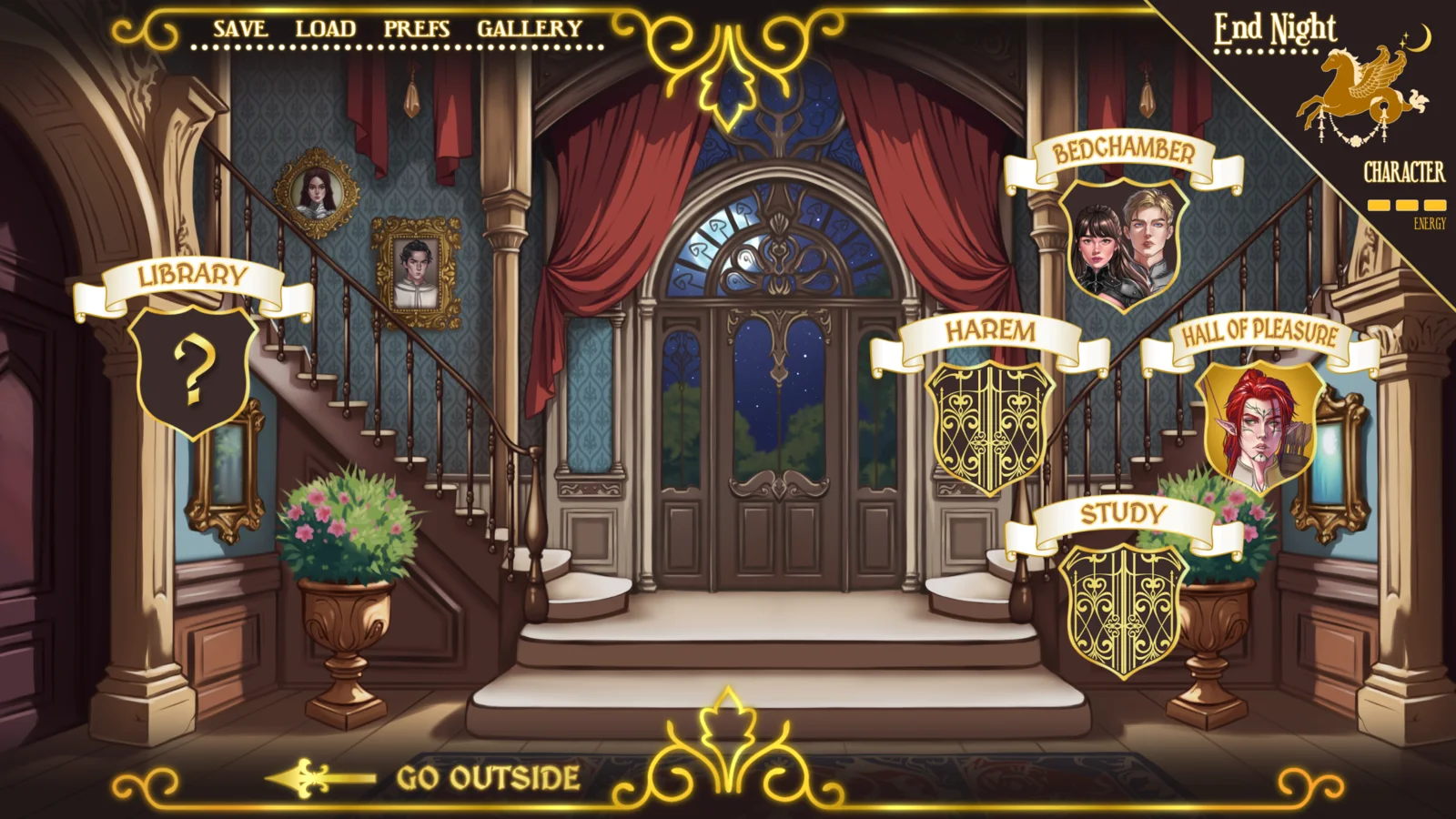 The manor hub — end-of-night navigation with the character energy meter