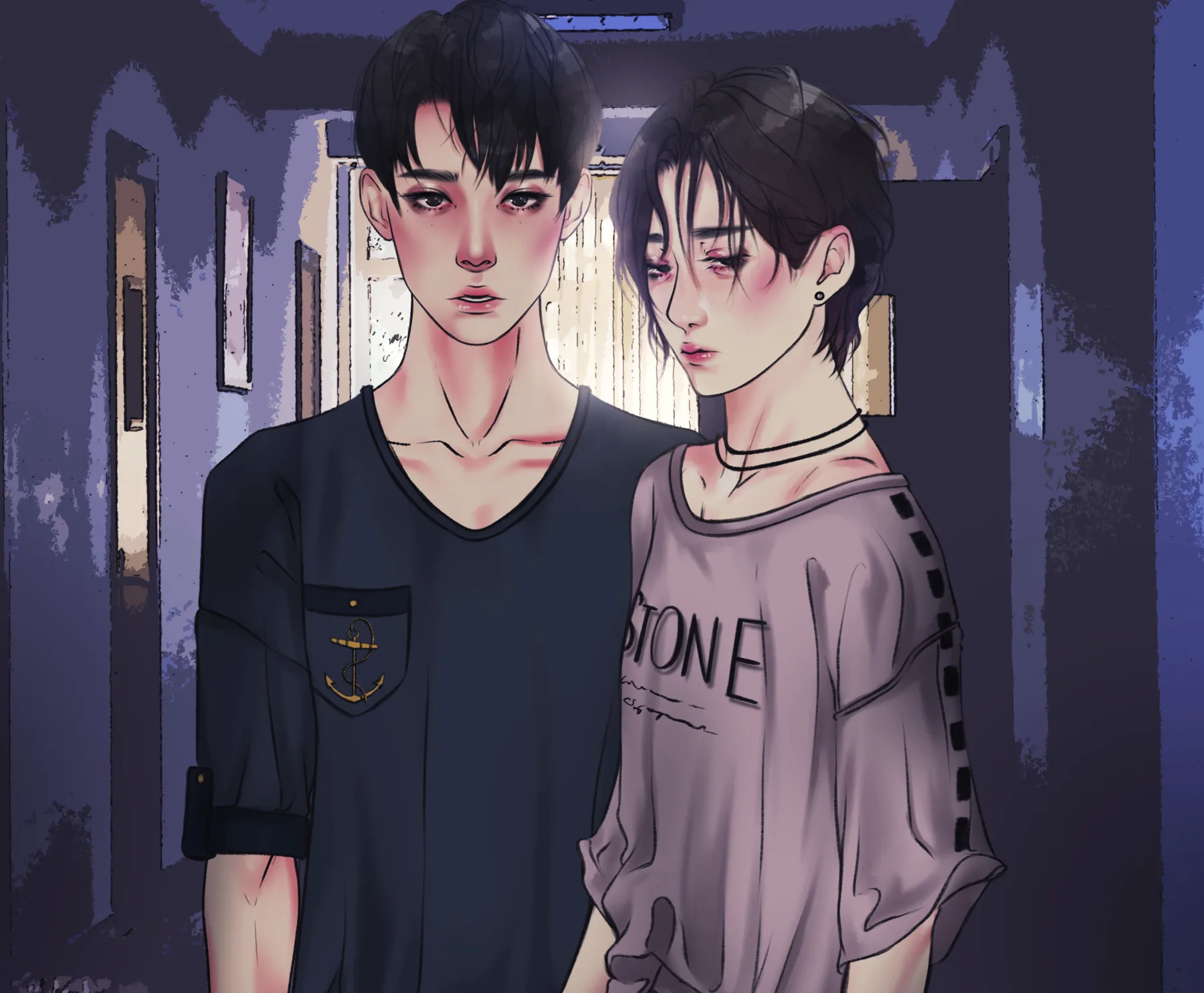 Glass Hearts key art — Kai and Moyu in the halls of Long River